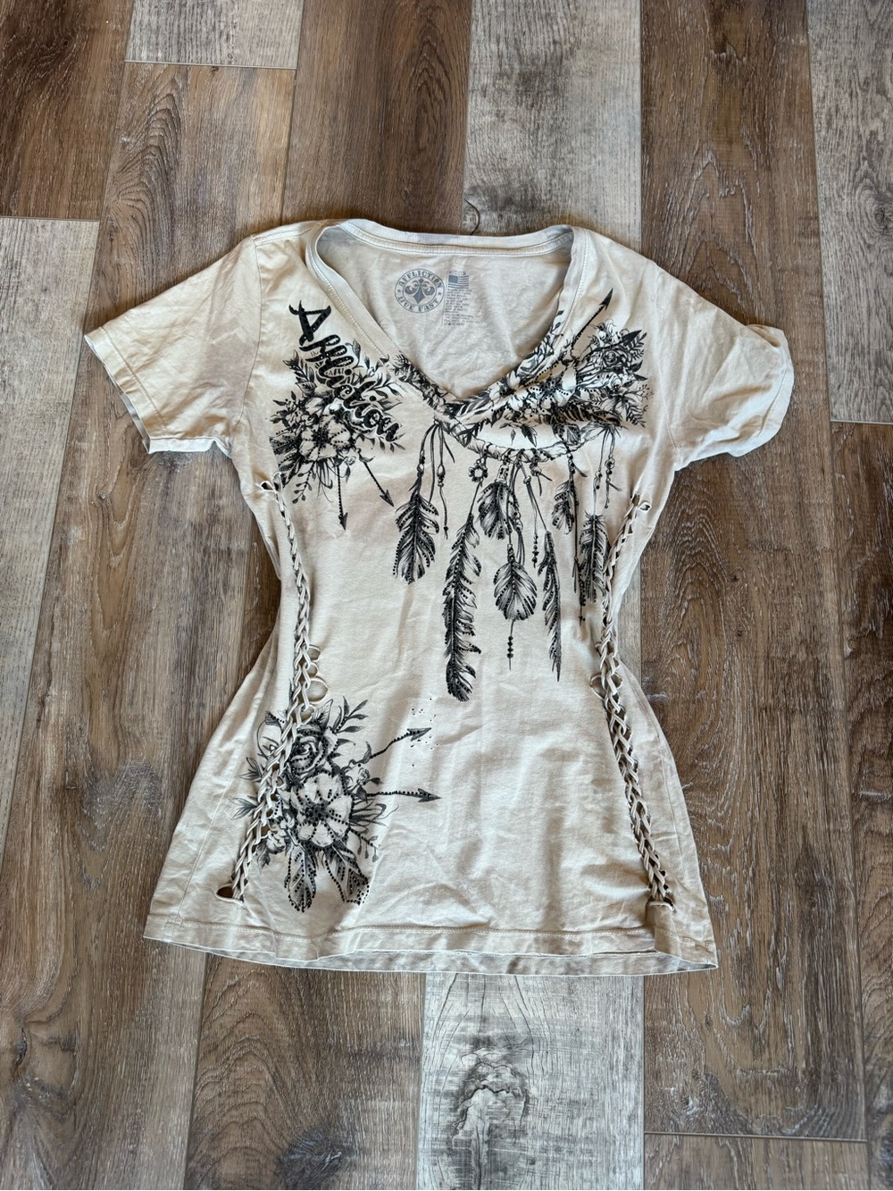 Affliction Women's Short Sleeve V-Neck Tee in Cream with Black Print